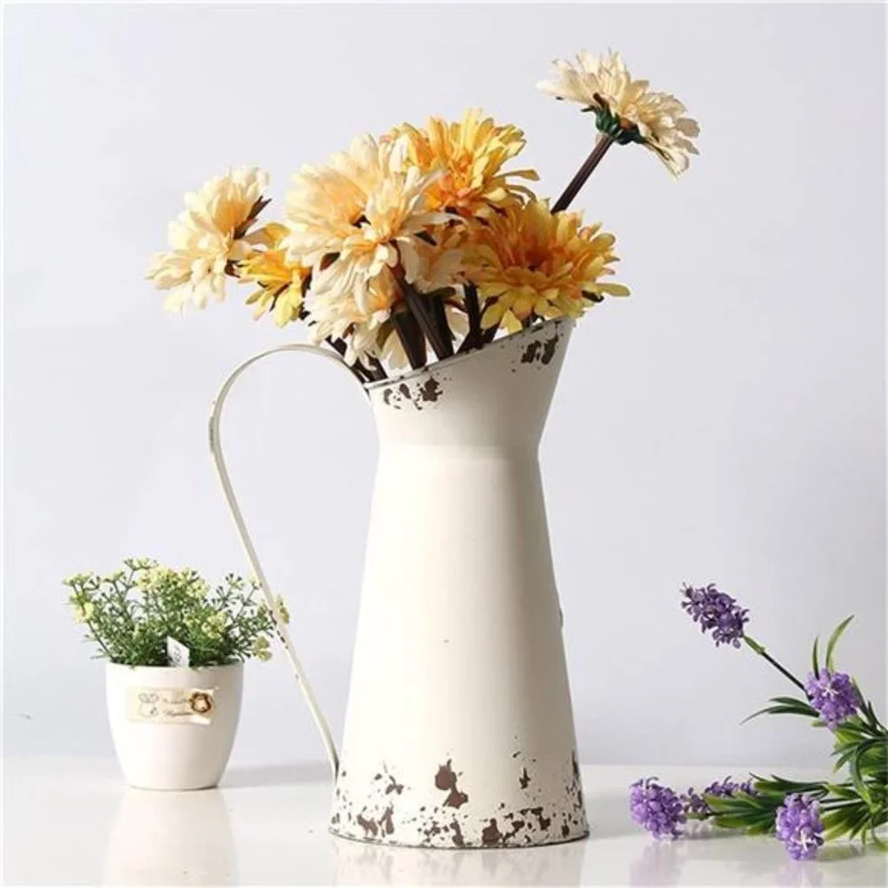 Shabby Chic Large Metal Jug Flower Pitcher Vase